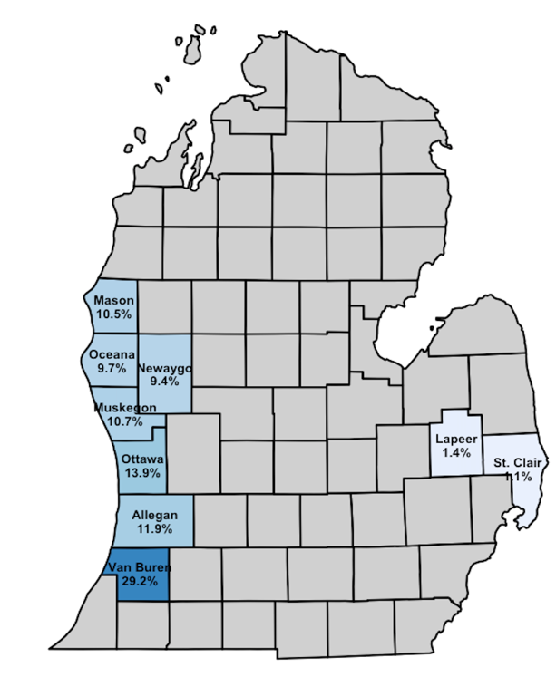 Mean infectivity of aster leafhoppers, with infected counties highlighted along the Lake Michigan and Lake Huron borders